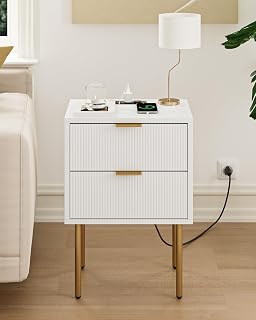 Masupu Nightstand,Mid-Century Modern Bedside Table with 2 Storage Drawer,Small Gold Frame Side End Table for Bedroom,Living Room (White)