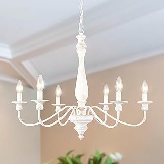 French Country Chandelier, 6-Light Antique Distressed White Farmhouse Chandeliers for Dining Room Light Fixture, Rustic Foyer Lighting Fixtures Wood Candle Chandelier for Living Room Bedroom Entryway