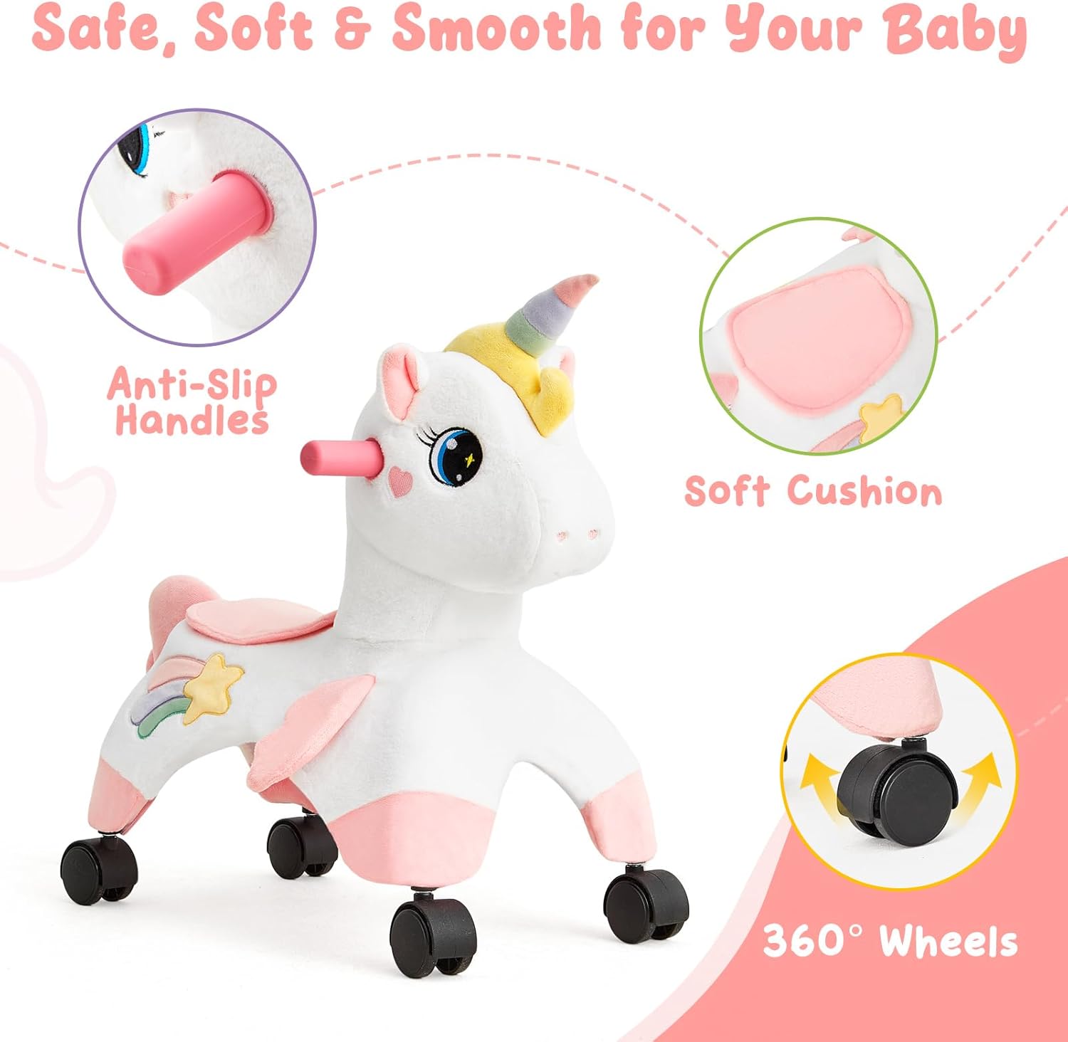 FUNLIO Unicorn Ride On Toys, the Toddler Ride On Toys with 360° Wheels, the Toddler Bike Designed to Develop Balance & Coordination, for Indoor/Outdoor Play, Easy to Assemble, CPC & CE Certified