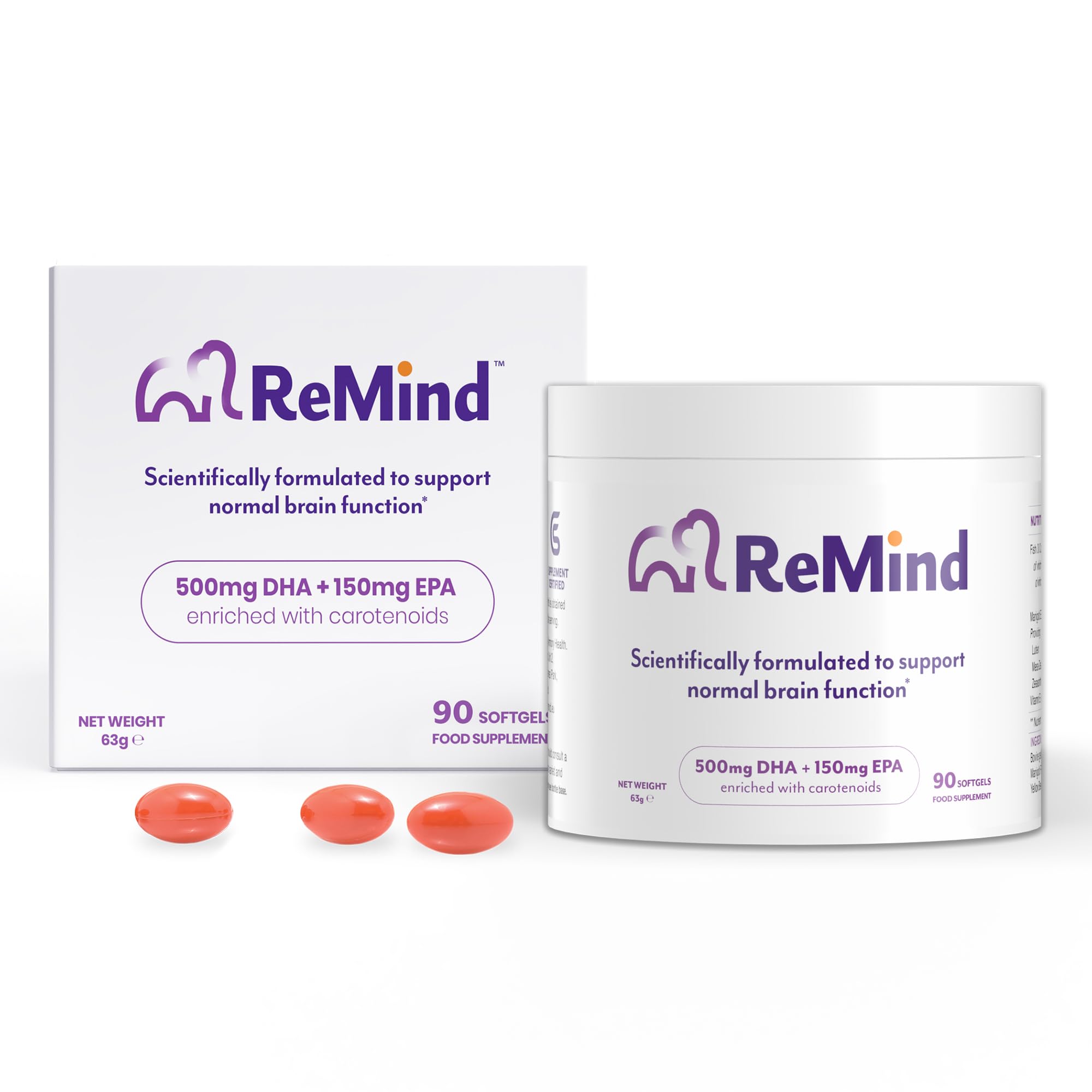 Remind Brain Health Supplements – Patented Formula to Support Normal Brain Function - Contains Lutein, Meso-Zeaxanthin, Zeaxanthin, Omega-3 and Vitamin E- 90 Capsules, 1 Month Supply