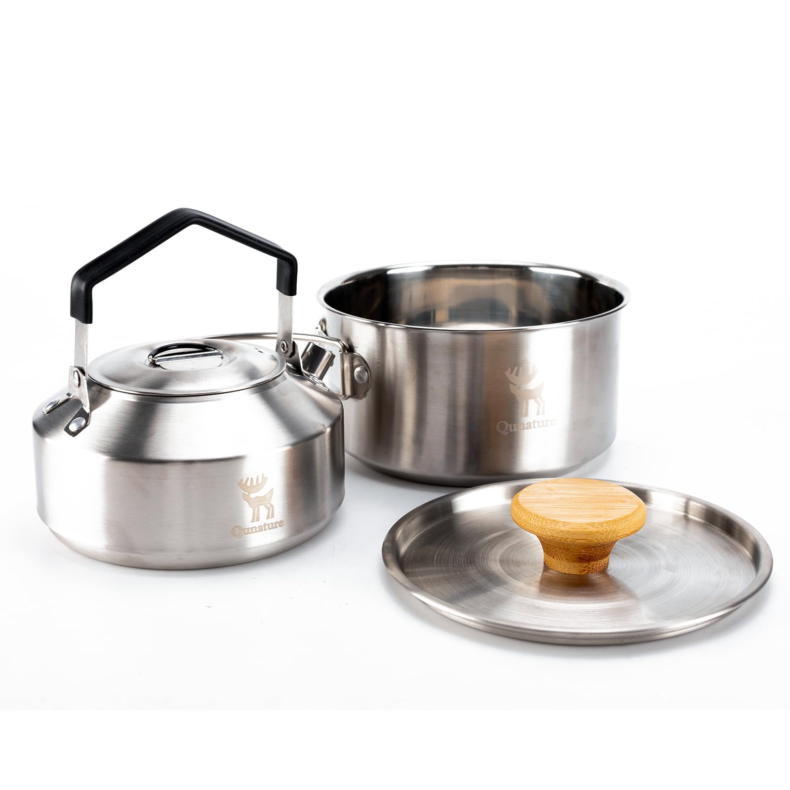 Camping Kochgeschirr Set, Topf 1,5 L und Teekessel 1,1 L | Kompaktes Platzsparend Stapelbar für Camping, Wandern, Outdoor Küche, Edelstahl
