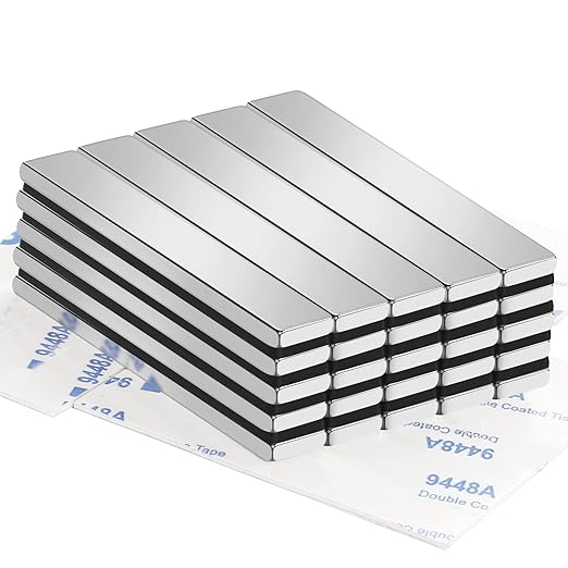 TRYMAG 25 Packs Heavy Duty Neodymium Magnet Bars 60x10x3mm, Strong Magnetic Strips Rare Earth with Double-Sided Adhesive, Powerful Metal Rectangular Magnets for Door, Craft, Fridge, Office