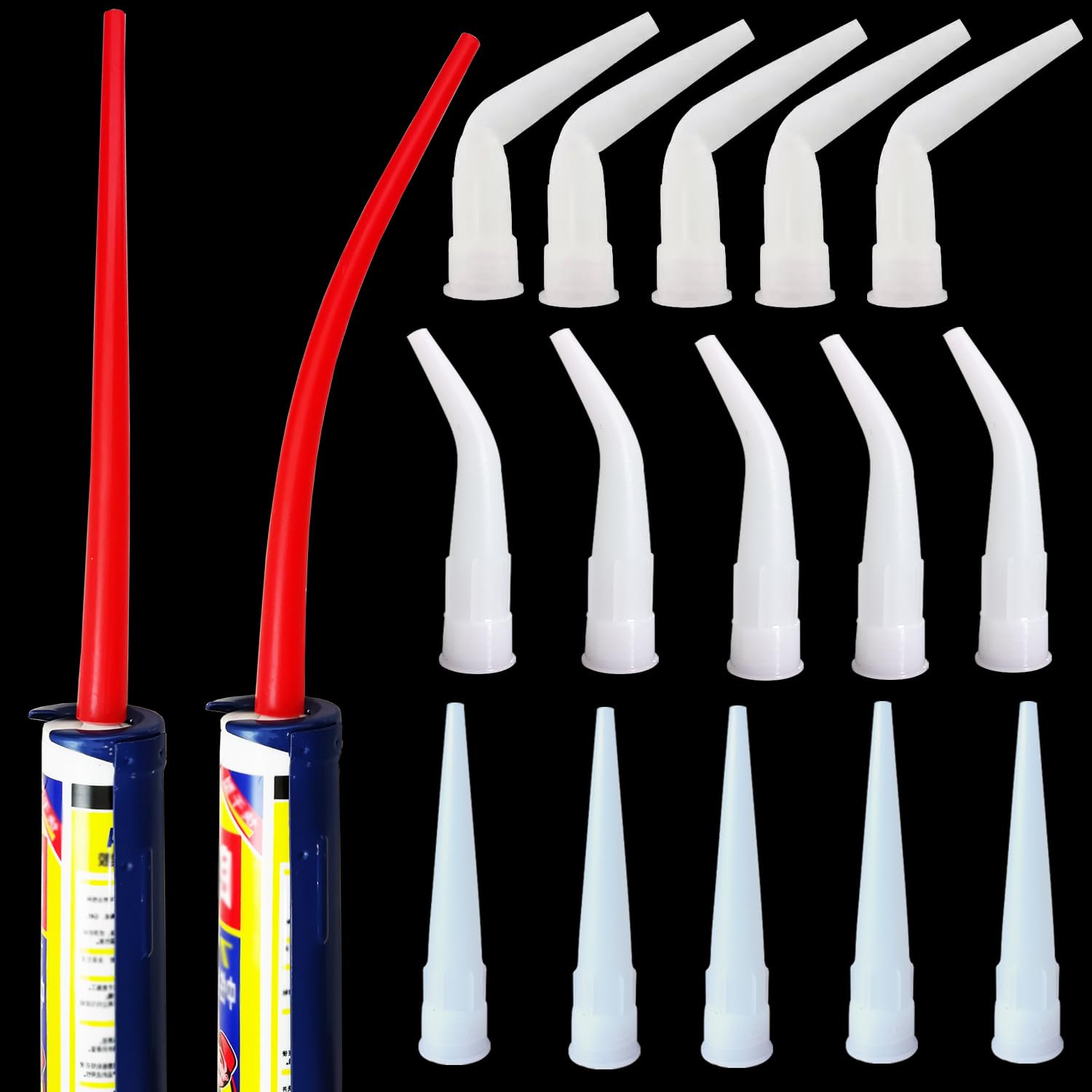 5 large curved white small nozzles, 5 small curved white small nozzles, 5 white straight small nozzles, and one straight and one curved red long nozzle?5+5+5+2?