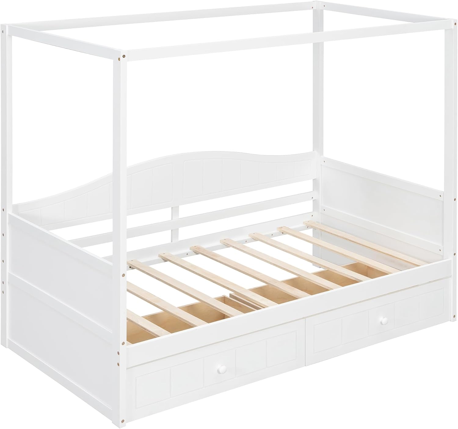 Harper & Bright Designs Twin Size Canopy Daybed with Storage Drawers, Wood Twin Platform Bed Frame, Modern 4 Poster Bed for Kids, Teens, Adults, No Box Spring Needed - White