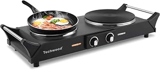 Techwood 1800W Portable Double Burner Hot Plate - Electric Countertop Stove with Adjustable Temp, Stay-Cool Handles for RV, Dorm, Camping, All Cookware Compatible