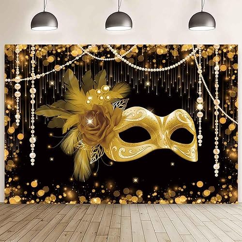MEHOFOND Telón de fondo para fiesta de máscaras, de 7 x 5 pies, color negro y dorado, para fotografía, carnaval, fiesta de máscaras, decoraciones de
