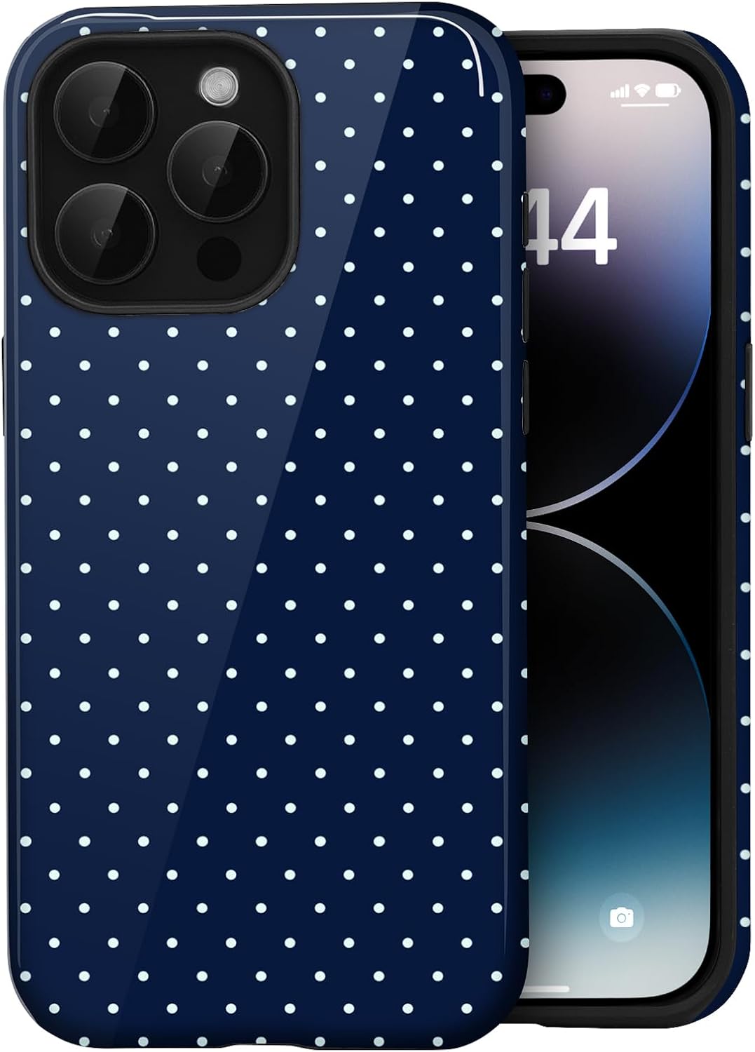 Cute Polka Dot Case for iPhone 14 Pro Max - Navy Blue Handyh lle Schutzh lle Tupfenmuster f r Frauen M dchen Sto fest Kameraschutz Doppelschichtigem Hybrid-Schutz Retro Niedlich