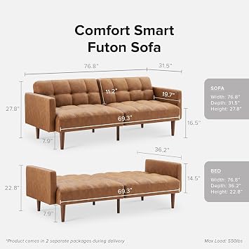 mopio 76.4 Futon Sofa Bed, Couch, Loveseat, Sleeper Sofa, Mid Century Modern Futon Couch, Sofa Cama, Couches for Living Room (Aaron PU, Pecan Brown)