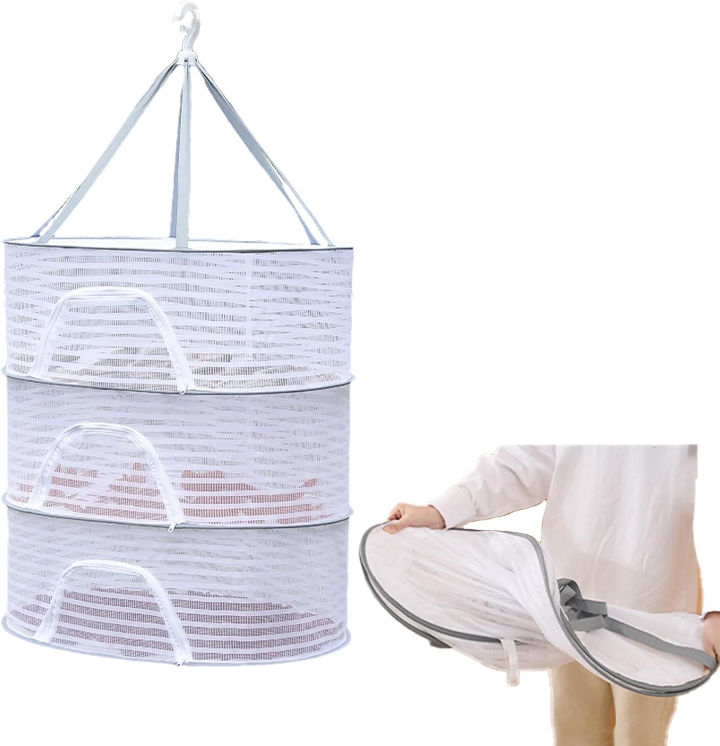 Herb Drying Rack, 3-Layer Foldable Hanging Mesh Drying Net with Zipper