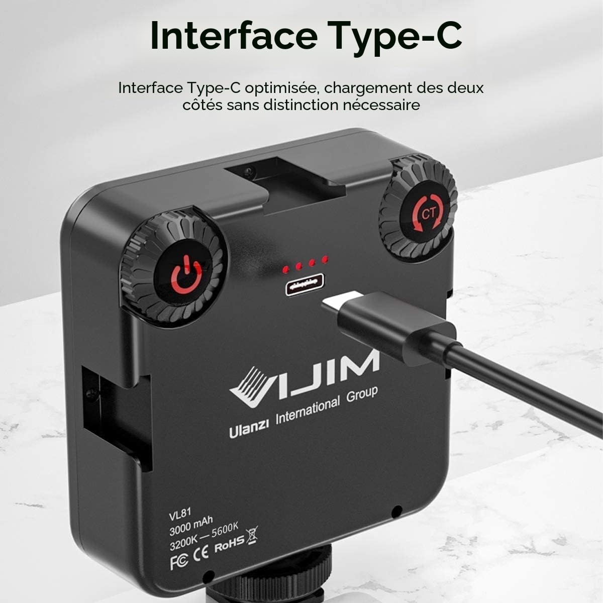 Lumière Caméra, LED Lampe avec 3 Cold Shoe, Eclairage Video Rechargeable 3000mAh, Lumiere Photo Professionnelle CRI95+Dimmable 3200K-5600K pour Tournage Vlog VL81 LED USB