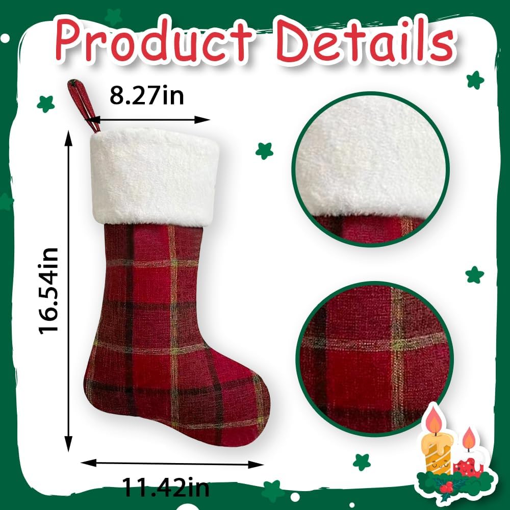 Large Christmas Stockings, Plush Velvet Faux Fur Xmas Stocking Decoration Vintage Red Plaid Hanging Stockings Ornaments for Family Holiday Season Decor