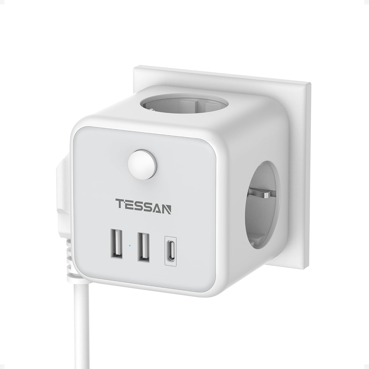TESSAN Thief Sockets with USB C, 6 in 1 Cube Charger Sockets, Triple Multiple with 3 USB, Multiple Wall with Switch, Wall Strip Compatible with Phone, Pad, Home Office