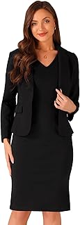 Business Dress Suit Sets for Women's 2 Piece Outfit Work Office Notched Lapel Jacket Blazer Solid V Neck Dress - Buy now