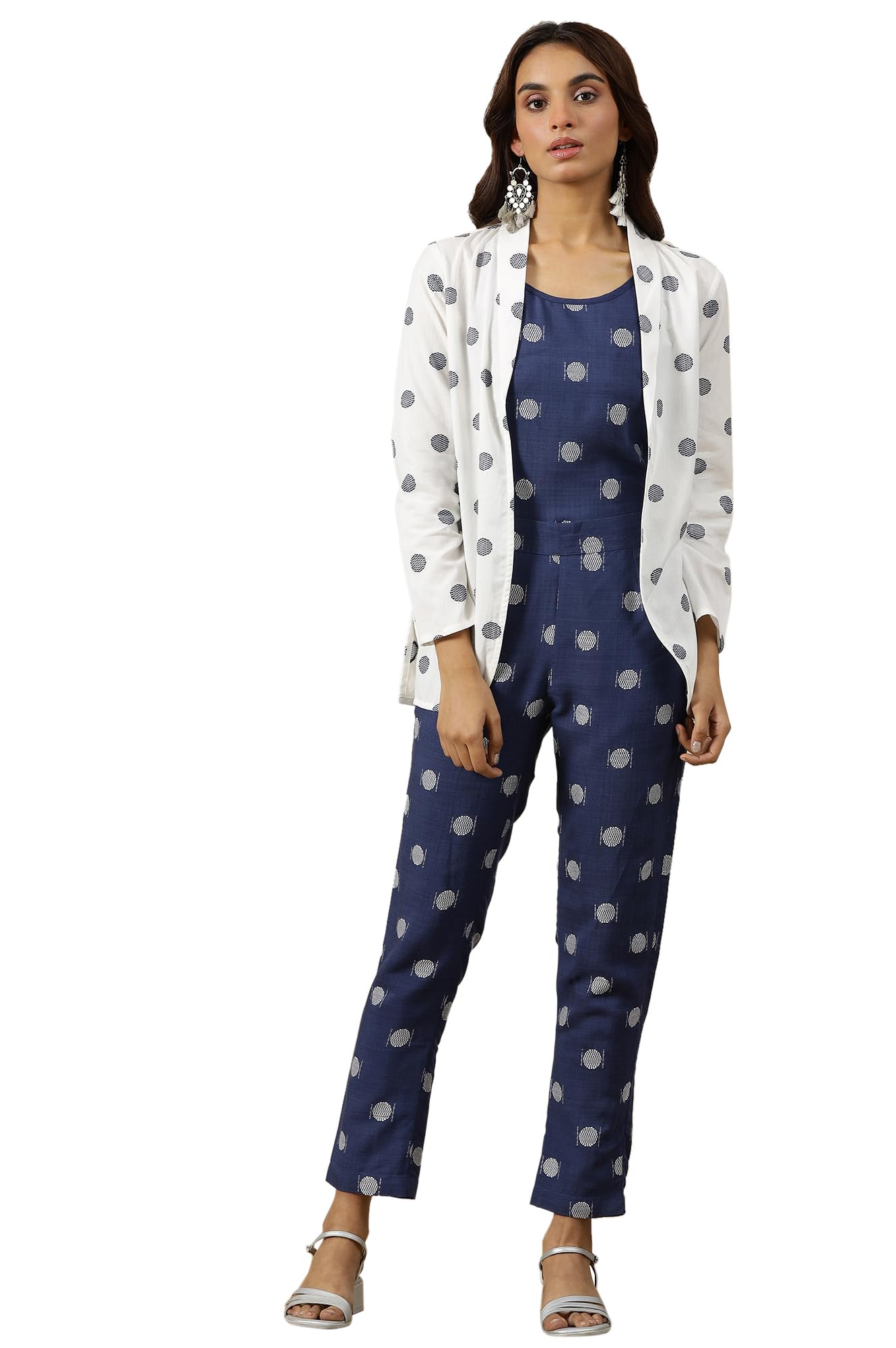 aurelia Women's White Polka Dobby Pure Cotton Blazer, Blue Printed Top and Pants Set-picture-29
