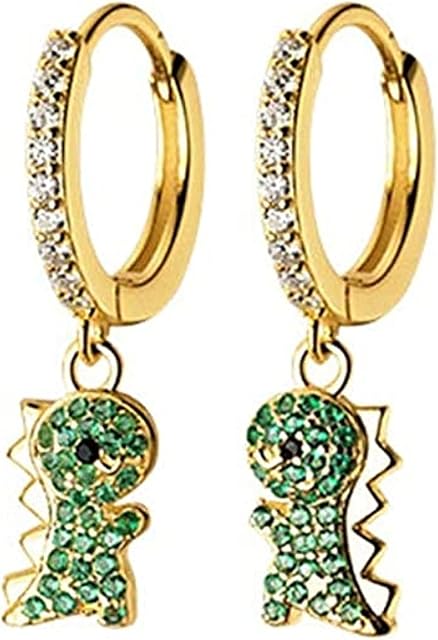 Cute Dinosaur Dangle Hoop Earrings S925 Sterling Silver Green Cubic Zirconia Crystal Lovely Animal Dangling Charm Drop Huggie Hoops Studs Earring Dainty Jewelry Gifts for Women Girls 18K Gold Plated