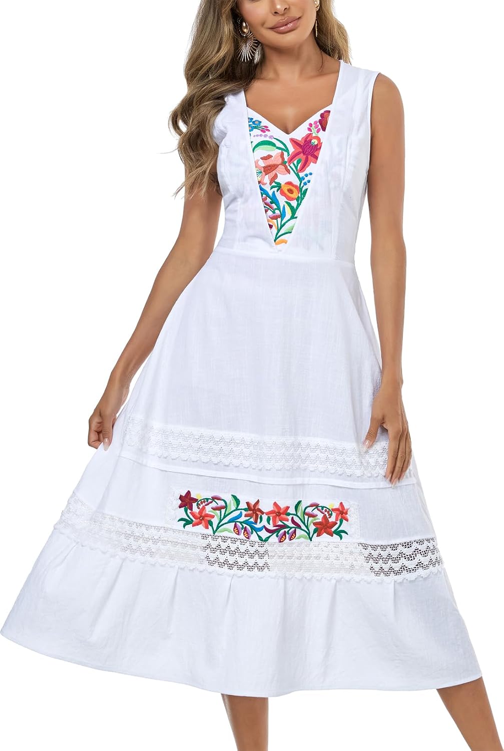 YZXDORWJ Women's Mexican Dress Floral Embroidered Casual Lace Ruffle Maxi Dress