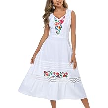 Women Mexican Sleeveless Floral Embroidered Midi Dress Boho Tank Dress