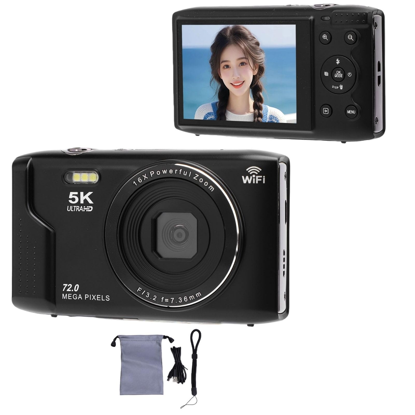 BuyWeek Appareil Photo Numérique 5K 72MP avec WiFi, Zoom Numérique 16X Autofocus Caméra Vlogging avec Écran Ultra HD de 2,8 Pouces, Flash et Microphone Intégrés, avec Carte Mémoire 64 Go (Noir)
