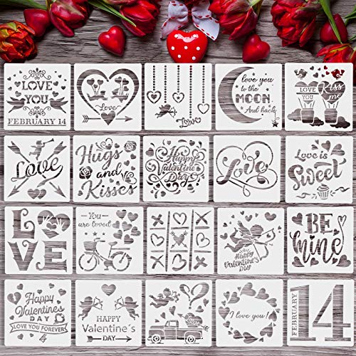 20 Pieces Valentine‘s Day Stencils Valentine Drawing Painting Templates Reusable Plastic Template Stencils for Valentines Painting on Wood Envelopes DIY Craft Decoration Supplies (5.1 x 5.1 Inch)