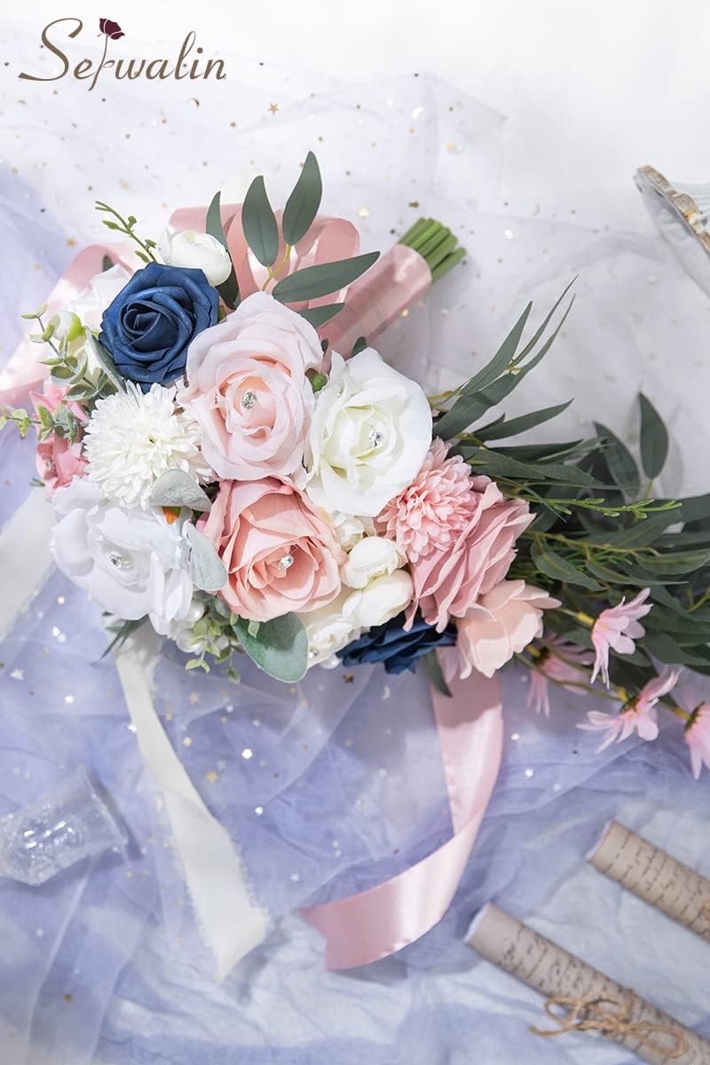 Serwalin 9.8 Inch Wedding Bouquets for Bride Bridesmaid, Pink Blue Rose Bridal Bouquets for Bride, Wedding Flowers Bouquet Tossing Bouquet, Wedding Ceremony and Anniversary Day Decor - Image 4