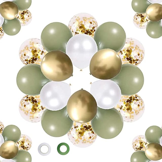 62Pcs Sage Green Balloons Kit Eucalyptus Pearl White Gold Confetti Balloon Wedding Decorations Baby Shower Decoration Birthday Party Decorations Children's Forest Party with 2 Ribbons12inch