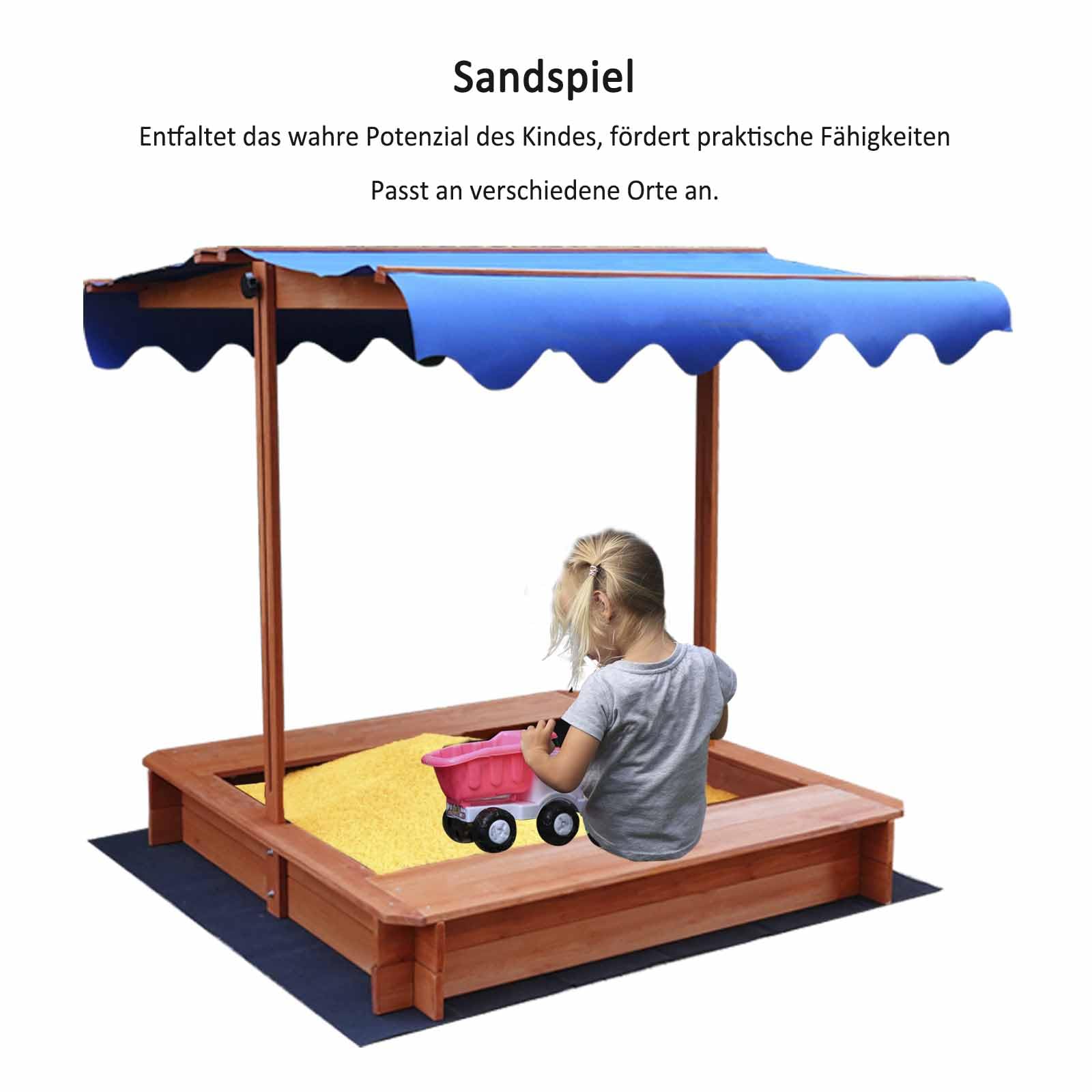 Bac à sable avec toit et banc, en bois, 114 x 114 x 114 cm, protection UV, bleu, avec tissu non tissé, le sac de sable convient uniquement aux enfants