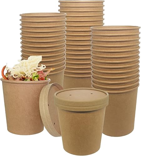 Juego de 50 tazas de postre de papel kraft de 16 onzas con tapas, taza de papel compostable para alimentos con tapa ventilada, recipientes de postre