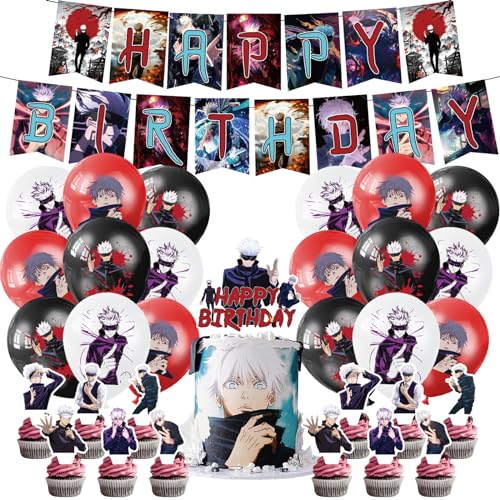 Anime Birthday Party Decoration Include Satoru Happy Birthday Banner Cake Topper Latex Balloons for Jujutsu Fans Party Supplies