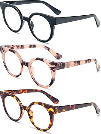 KoKoBin Set van 3 leesbrillen voor vrouwen en mannen, retro, rond, oversized frame, anti-blauw licht, bril met veerscharnier (3 stuks, 1,5, x