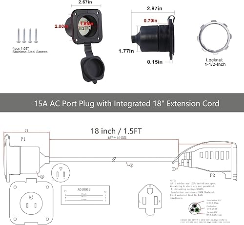 Miniatura 2 de KUNCAN Enchufe de puerto de CA de 15 A, enchufe de entrada de alimentación de 125 V con cable de extensión de 18 pulgadas, enchufe NEMA 5-15 con