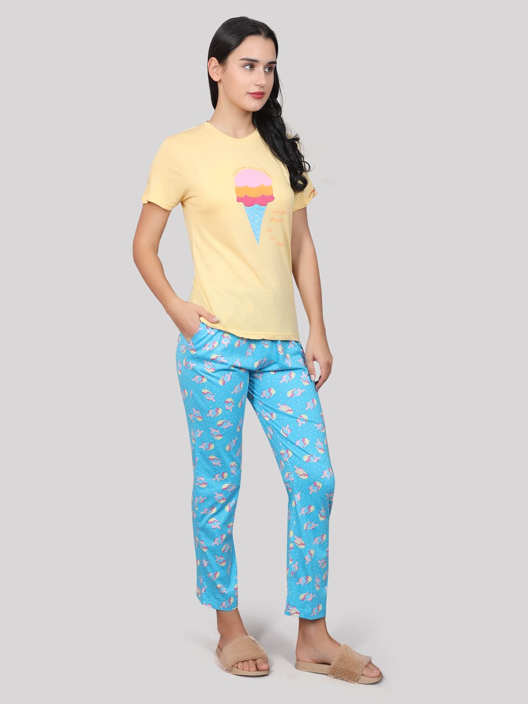 Evolove Conjunto de pijama de algodón con cuello en V y manga corta para mujer, súper suave y cómodo (camisón-redondo-HS-6)
