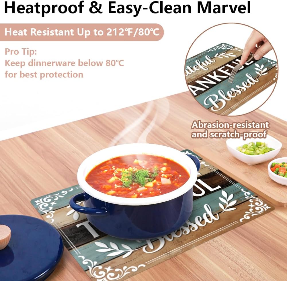 Peacoblue Thankful Grateful Blessed Board Faux Leather Placemats Set of 4,12"x17" Waterproof Washable Heat Resistant Table Place Mats for Indoor Outdoor Party Kitchen Dining Table Decoration