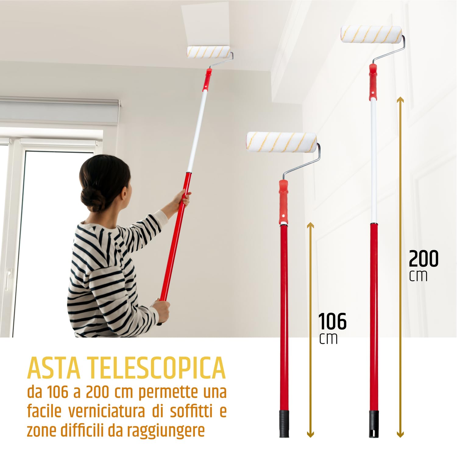 PENNELLIFICIO 2000 | Rullo in Poliammide con Asta Telescopica da 200 cm, per Pareti Lisce e Poco Ruvide, Cartonegesso, Idropittura, L 24 cm, ⌀ 4,8 cm – Made in Italy