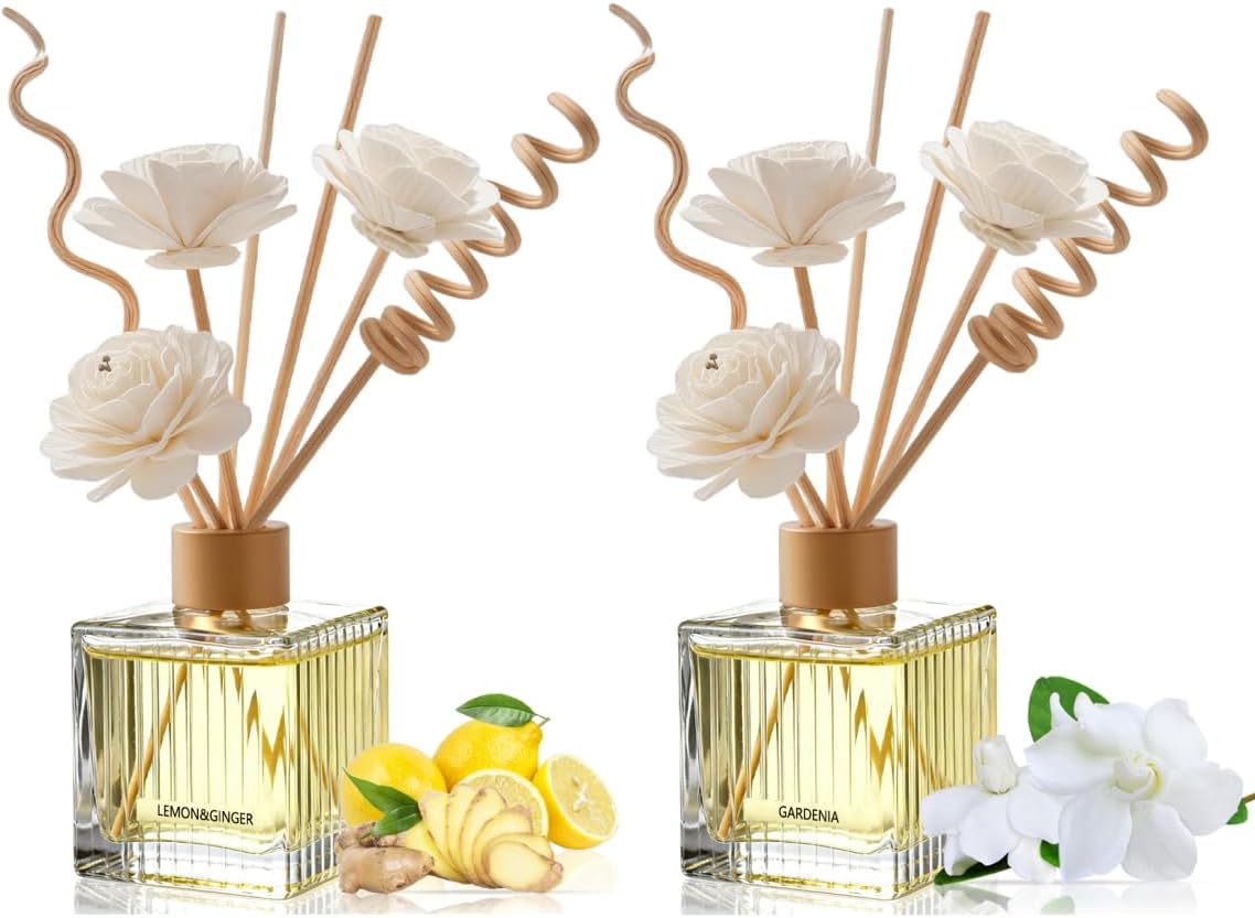 Gardenia & Lemon Ginger Premium Reed Diffuser Duo - 2×200ml Glass Bottles with Natural Rattan Sticks & Dried Flowers | Floral & Citrus Home Fragrance Set for Living Room, Bedroom, Office | Luxury Gift