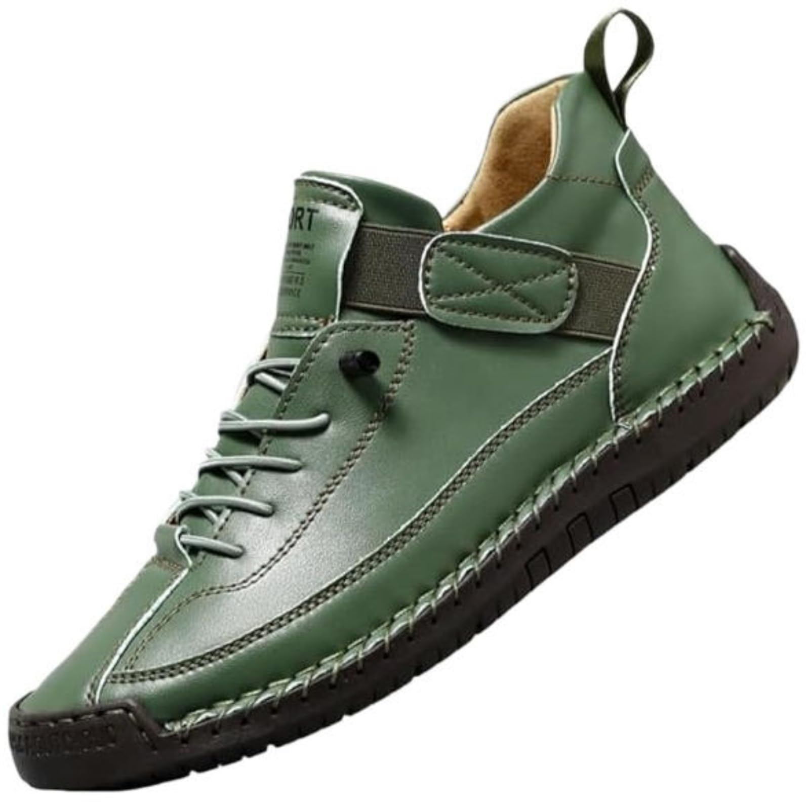 Womens Hand Stitching Leather Slip-On Ankle Boots with Adjustable Elastic Band Casual Lightweight Non-Slip Walking Loafers Retro High