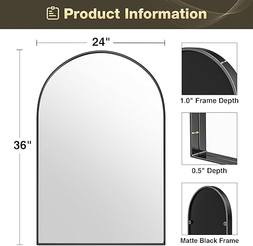 Miniatura 82 de Brightify Espejo arqueado, espejo de pared de arco negro de 26 x 38 pulgadas, espejo de baño negro con marco de metal, espejo de tocador de baño