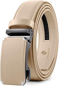 DOOPAI Men's Leather Ratchet Belts, Adjustable Belt in Beige with Sliding Length 34-42 inch, Metal Buckle Men's Belt Cut to fit in the Gift Box