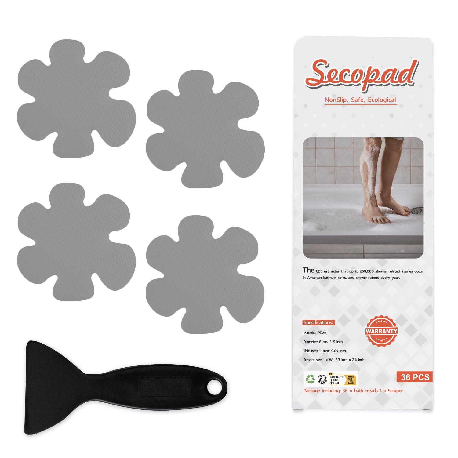 Bathtub Stickers Non-Slip, 36PCS Safety Shower Treads Adhesive Appliques with Premium Scraper Grey