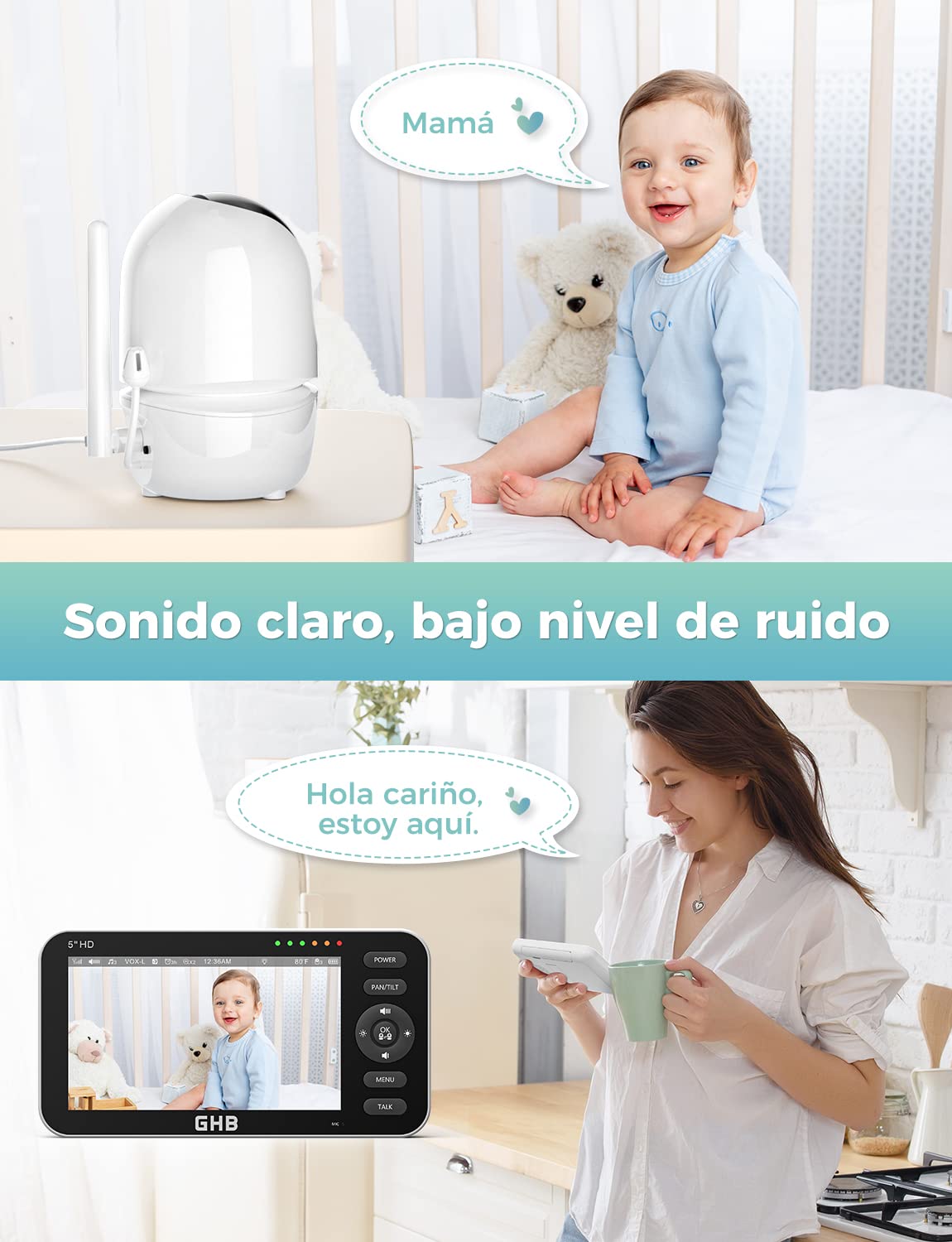 GHB Camara Vigilancia Bebe con 5" HD Pantalla Vigilabebés con Cámara, Batería de 4000mAh Pantalla Dividida, 4×Zoom, Visión Nocturna, Comunicación Bidirecciona Escucha Bebes