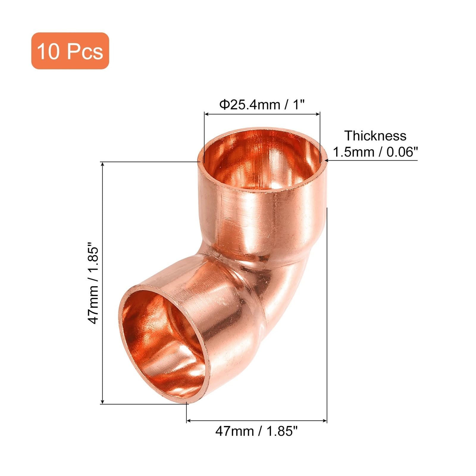 2/5/6/10 Uds 9,52mm-67mm soldadura de alimentación de extremo de cobre codo de cobre de 90 grados tubo de cobre de giro corto(25.4mmx1.5mm 10Pcs)