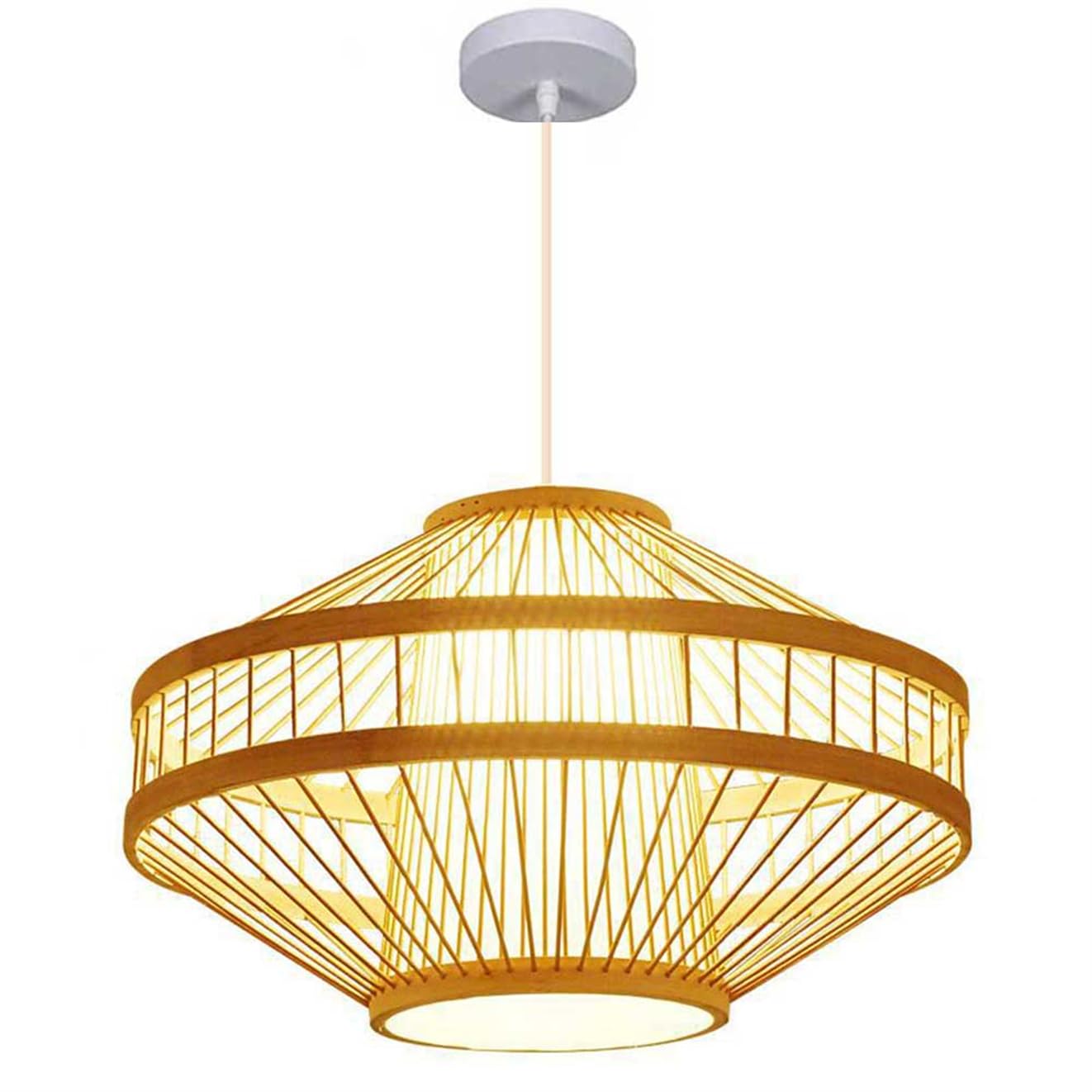 SHUANGZ Bamboo Basket Pendant Lamp with Wooden Canopy Rustic Chandelier 1-Light Boho Wicker Weave Lantern 19.7" Rattan Wooden Pendant Light Fixture for Dining Room Living Room Restaurant