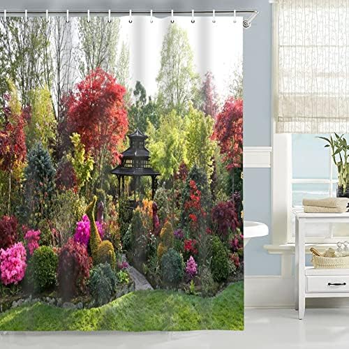 Abaysto Shower Curtain 3D Garden View Flowers Trees Outdoor Nature Scenery Waterproof Cloth Fabric Bathroom Decor Set with Hooks 72x72 Inch