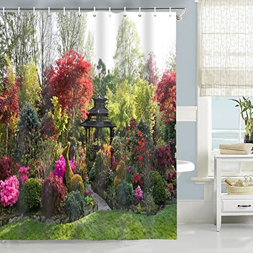 Abaysto Shower Curtain 3D Garden View Flowers Trees Outdoor Nature Scenery Waterproof Cloth Fabric Bathroom Decor Set including Hooks 72x72 Inch - Image 2