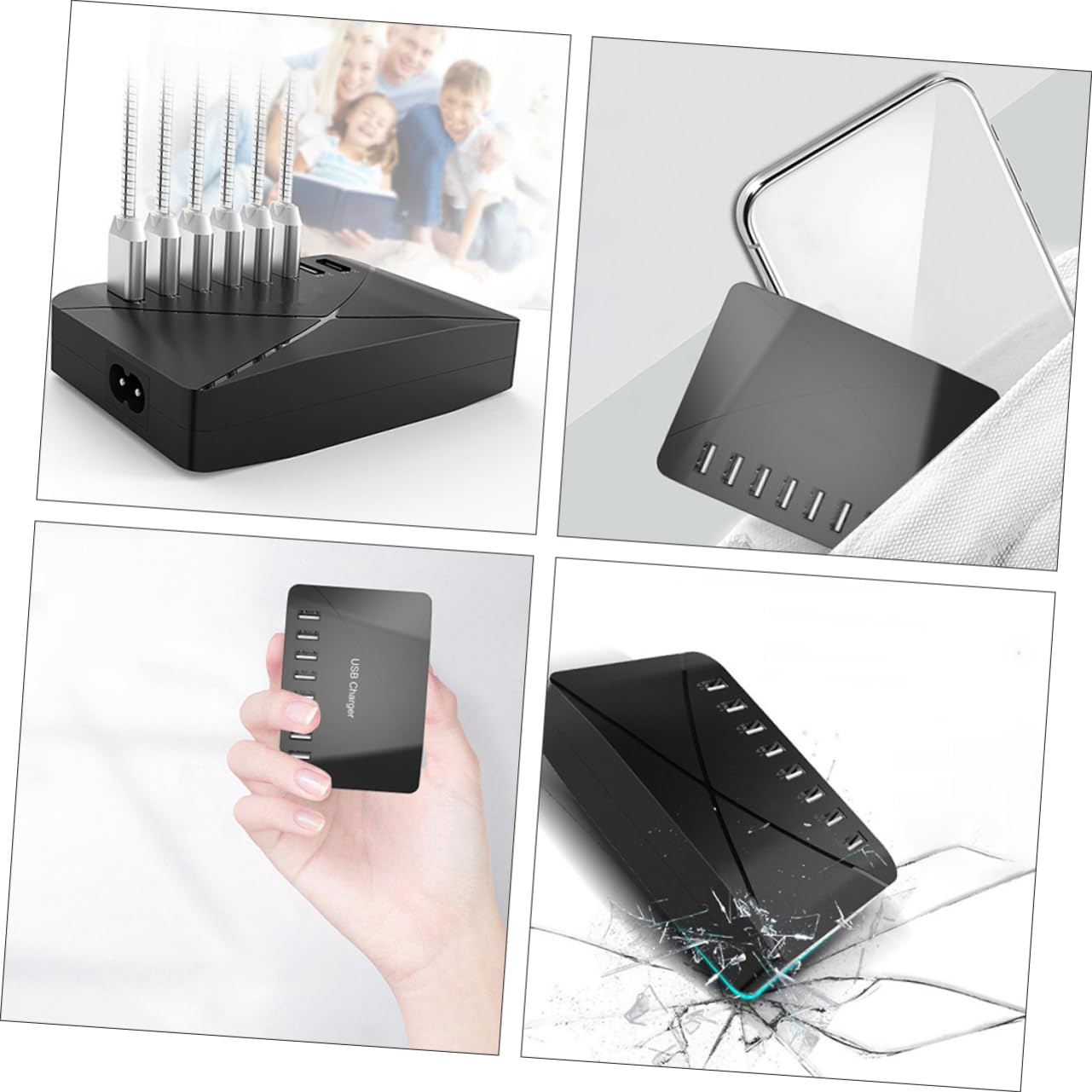 Caricatore Multi Porta USB Portatile 40w per Telefono e Diffusori | Riconoscimento Automatico, Design Salvaspazio, Abs Nero, per Comodino e Zona Tv