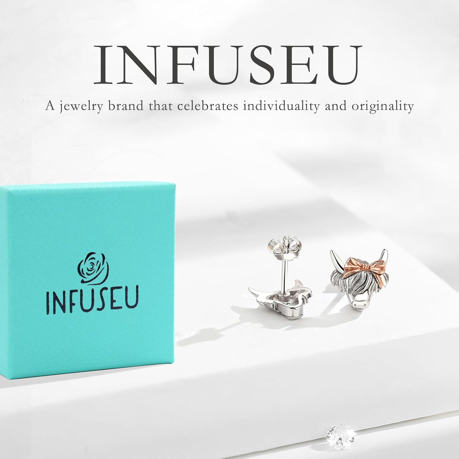 INFUSEU Cute Rose Gold Stud Earrings for Women Teen, 925 Sterling Silver Everyday Earrings - Image 6