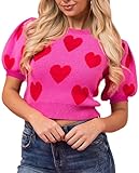Yiulangde Pink Heart Graphic Sweaters for Women Short Puff Sleeve Vest Top Sweatshirt Holiday Colorful Heart Knit Tank Shirts