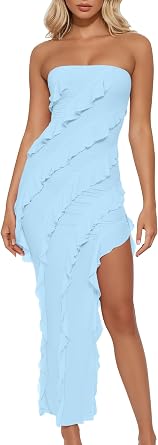 HOCILLE Womens Summer Bodycon Maxi Strapless Tube Side Slit Dress