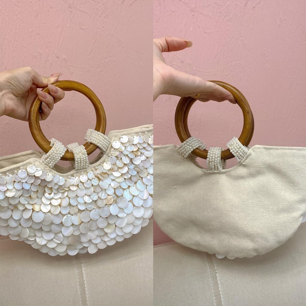 Handmade Shell Beach Clutch Bag, Single-sided Beaded Summer Beach Evening Bag Purse, Wooden Top Round Handle, Seashell Clutch Handbag, for Women Travel Party Wedding - Image 5