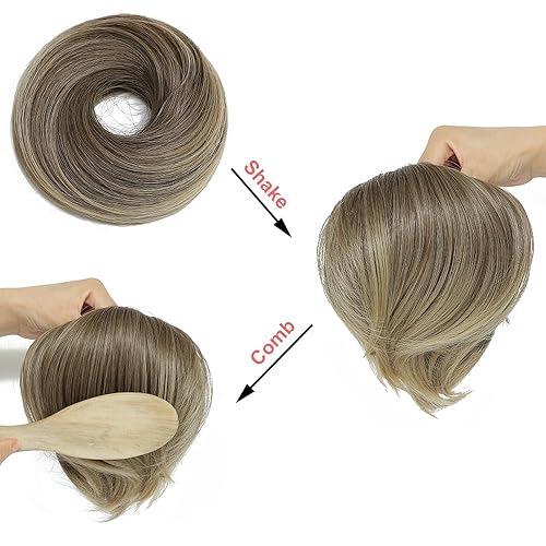Miniatura 6 de KETHBE Extensiones de pelo sintético corto para cola de caballo, banda elástica de goma para mujeres (CZ-marrón chocolate mezcla rubio ceniza)