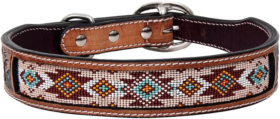 Tan Small HILASON Strong Genuine Leather Dog Collar Beaded | Handmade Soft Hand Tooled